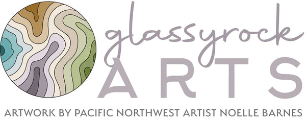 Logo for Glassyrock Arts, featuring abstract, wavy lines in earthy tones. Text reads "Glassyrock Arts: Artwork by Pacific Northwest Artist Noelle Barnes.